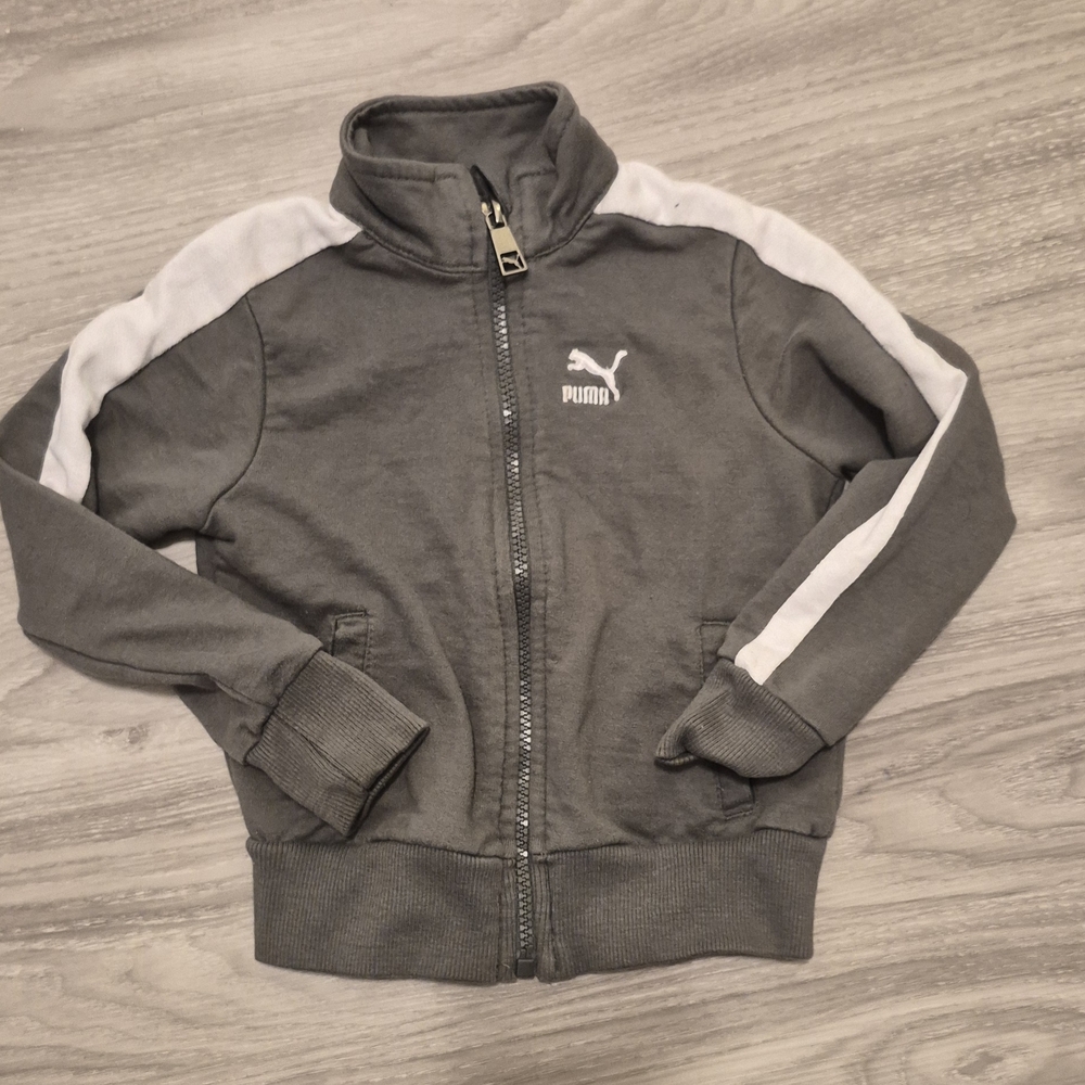 Puma Kids Light Olive Green Zip Hoodie with White Shoulder Stripes